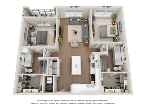 a 1 bedroom floorplan is shown in this rendering